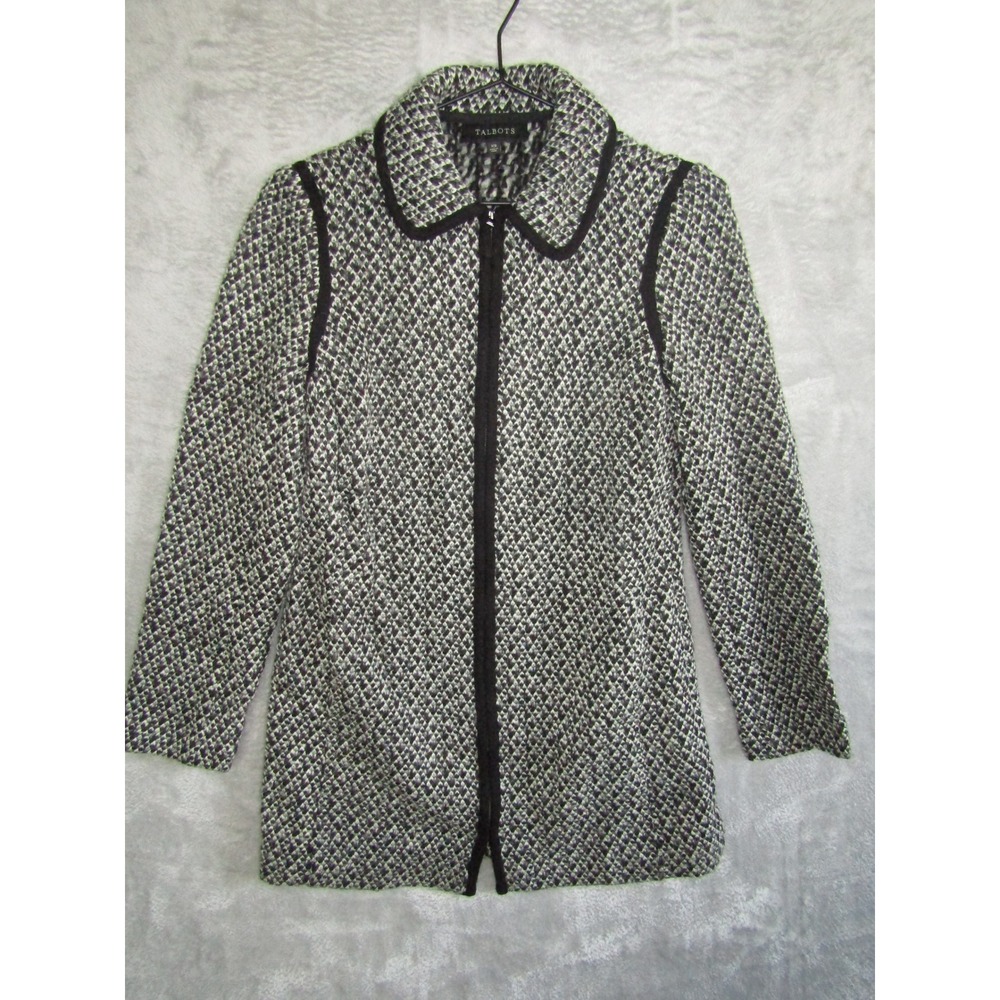 Talbots‎ Black White Tweed Knit Collarless Zip Front Jacket Blazer XS Textured